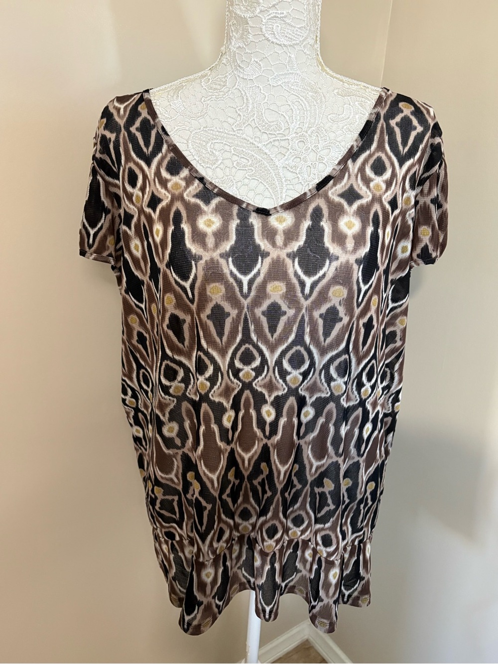 Axcess Liz Claiborne XL Y2K Mesh Abstract Print Ruffle Top